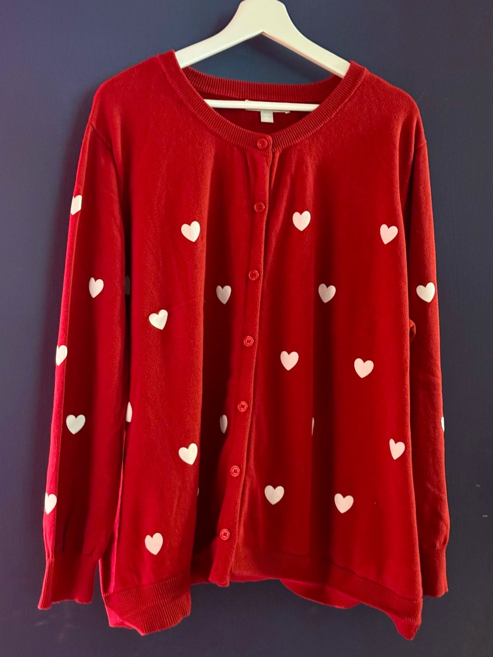 Woman Within Cherry Red Heart Print Button-Up Cardigan, 30W